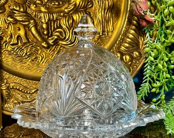 Vintage Imperial Glass Butter Dish: EAPG La Rochelle Cosmos, Hobstar & Flower, Circa 1910
