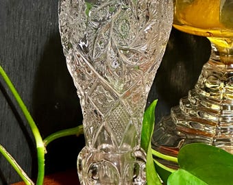 Vintage Cut Glass Corset Vase: Scalloped Pedestal, Pinwheel & Star Design