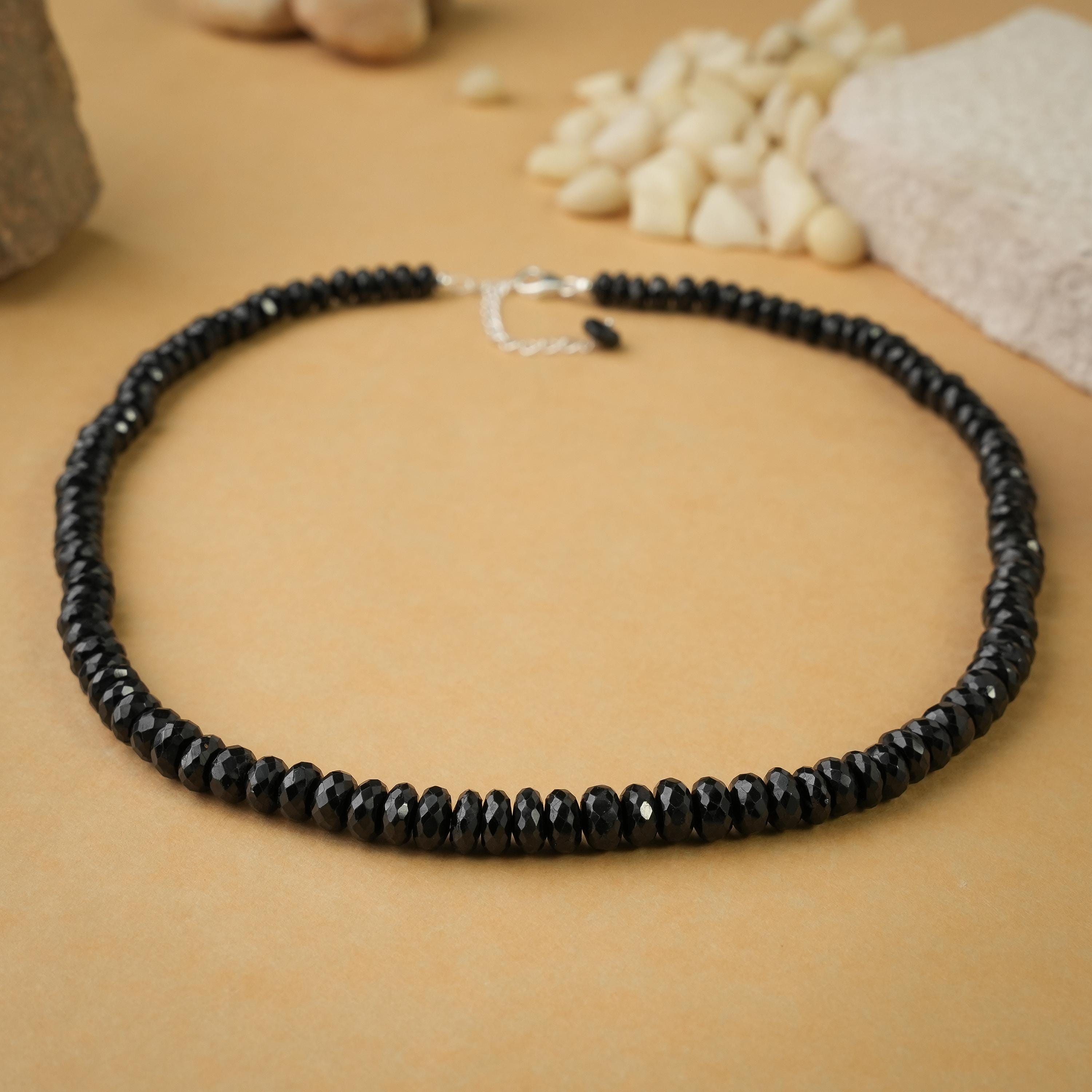 Black Spinel Necklace: Sterling Silver Faceted Beaded Choker