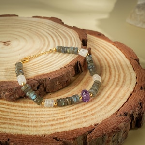 Labradorite Moonstone Bracelet: Handmade Amethyst & 18K Gold Accent