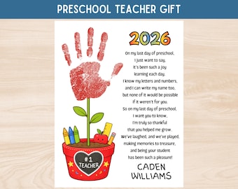 Thank You for Helping Me Grow Handprint Keepsake for Preschool Teacher, End of Year Teacher Appreciation Gift, Last Day of Preschool Poem