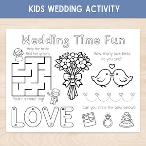 Mantel individual de actividades de boda para niños, hoja para colorear de boda con laberinto, juego de cena de ensayo imprimible para niña de las flores y portador de anillos