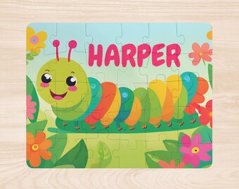 Personligt namnpussel för barn för flicka, personlig present till förskoleflicka, anpassad födelsedagspresent till 4-åring, Caterpillar barnnamnpussel
