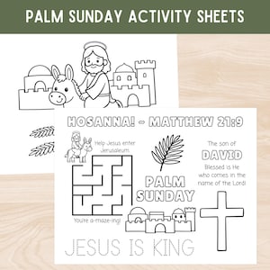 Könnte beinhalten: Zwei schwarz-weiße Palmsonntag-Arbeitsblätter. Ein Blatt zeigt eine Zeichnung von Jesus auf einem Esel, das andere ein Labyrinth, einen Palmzweig und die Texte "Hosanna!" und "Jesus ist König".