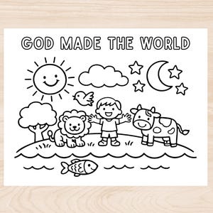 Página para colorear de Dios creó el mundo para niños, actividad cristiana de la creación para preescolares, lección de Génesis para la escuela dominical, manualidad bíblica para niños pequeños.