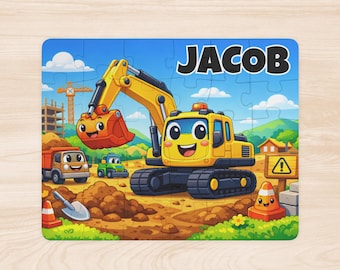 Rompecabezas personalizado con nombre de camión de construcción para niños pequeños, regalo de cumpleaños de excavadora para niños de 4 años, rompecabezas personalizado para niños en edad preescolar
