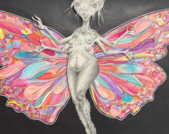 May include: A detailed pencil and watercolor illustration of a humanoid figure with butterfly wings. The wings are vibrant with pink, orange, yellow, and blue hues. The figure is gray-toned with four arms and pointed ears, set against a black background.