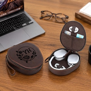 Personalized Leather Headphone Case, Custom Engraved AirPods Max Sony XM4 XM5 XM6 Cover, Handmade Travel Storage Bag with Hook Gift