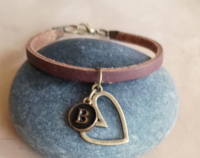 Personalized Leather Bracelet: Typewriter Initial Charm, Heart