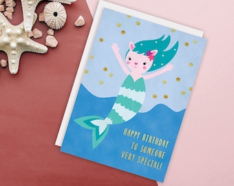 Happy Birthday To Someone Very Special - Mermaid Cat, Mercat Birthday Greeting Card, Birthday for Her, Card for Her, Girl Birthday Card