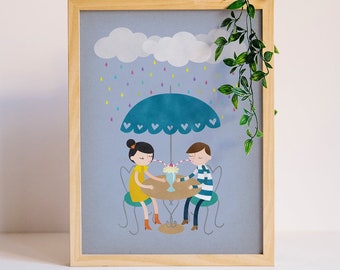 Rainy Day Art Print, Personalized Wedding Gift, Custom Couple Portrait, Unique Gift, Cute Love Gifts, Personalized Art Print