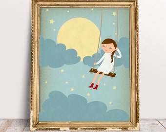 Moonlight Nursery Art Print, Personalized Wall Art, Custom Art Print for Girls Bedroom, Wall Art Decor