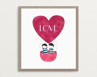 LOVE Hot Air Balloon - Art Print, Valentine Gift, Love Print, Wedding Gift Art Print, Home Decor Wall Art, 8x10, 16x20, 20x30, Poster Print
