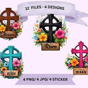 Op de afbeelding: Vier digitale ontwerpen van een Keltisch kruis met bloemen en de tekst "He is Risen". De kruisen zijn bruin, zwart, teal en roze.
