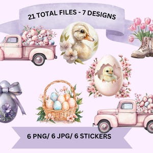 Op de afbeelding: Een set van 21 digitale bestanden met 7 ontwerpen met een paasthema. De ontwerpen omvatten een roze pick-up truck gevuld met paaseieren, een eendje, een kuiken in een ei, een mand met paaseieren en een paarse paasei met een strik. De tekst "21 TOTAL FILES - 7 DESIGNS" en "6 PNG/ 6 JPG/ 6 STICKERS" is opgenomen in de afbeelding.