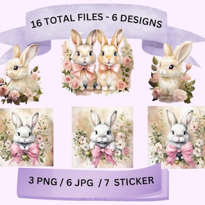 Op de afbeelding: Digitale clipartset van 6 ontwerpen met aquarel illustraties van schattige konijntjes met roze strikken en bloemstukken. 16 bestanden in totaal: 3 PNG, 6 JPG, 7 stickerbestanden.