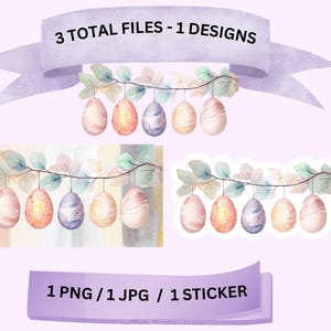 Op de afbeelding: Waterverf paasei-ontwerpen in roze, oranje en blauw, hangend aan een tak met bladeren. De afbeelding bevat de tekst "3 TOTAL FILES - 1 DESIGNS" en "1 PNG / 1 JPG / 1 STICKER" op een lichtpaarse achtergrond.