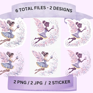 Op de afbeelding: Zes printbare stickerontwerpen met twee verschillende illustraties van feeën met paarse vleugels die een ei vasthouden. De feeën zijn omringd door paarse en roze bloemmotieven. De tekst "6 TOTAL FILES - 2 DESIGNS" en "2 PNG/2 JPG / 2 STICKER" is in de afbeelding opgenomen.