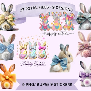 Op de afbeelding: Negen digitale illustraties van paashazen met strikken. De hazen staan in verschillende poses en hebben verschillende gekleurde strikken. De tekst "27 TOTAL FILES - 9 DESIGNS" staat bovenaan de afbeelding. De tekst "happy easter" staat onder de drie hazen in de bovenste rij. De tekst "Happy Easter" staat onder de drie hazen in de middelste rij. De tekst "9 PNG/9 JPG/ 9 STICKERS" staat onderaan de afbeelding.