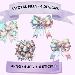 Op de afbeelding: Vier digitale ontwerpen van pastelblauwe en roze strikken met bloemmotieven. De ontwerpen zijn perfect voor knutselprojecten, scrapbooking en digitaal ontwerp. 14 bestanden in totaal - 4 PNG, 4 JPG, 6 stickers.