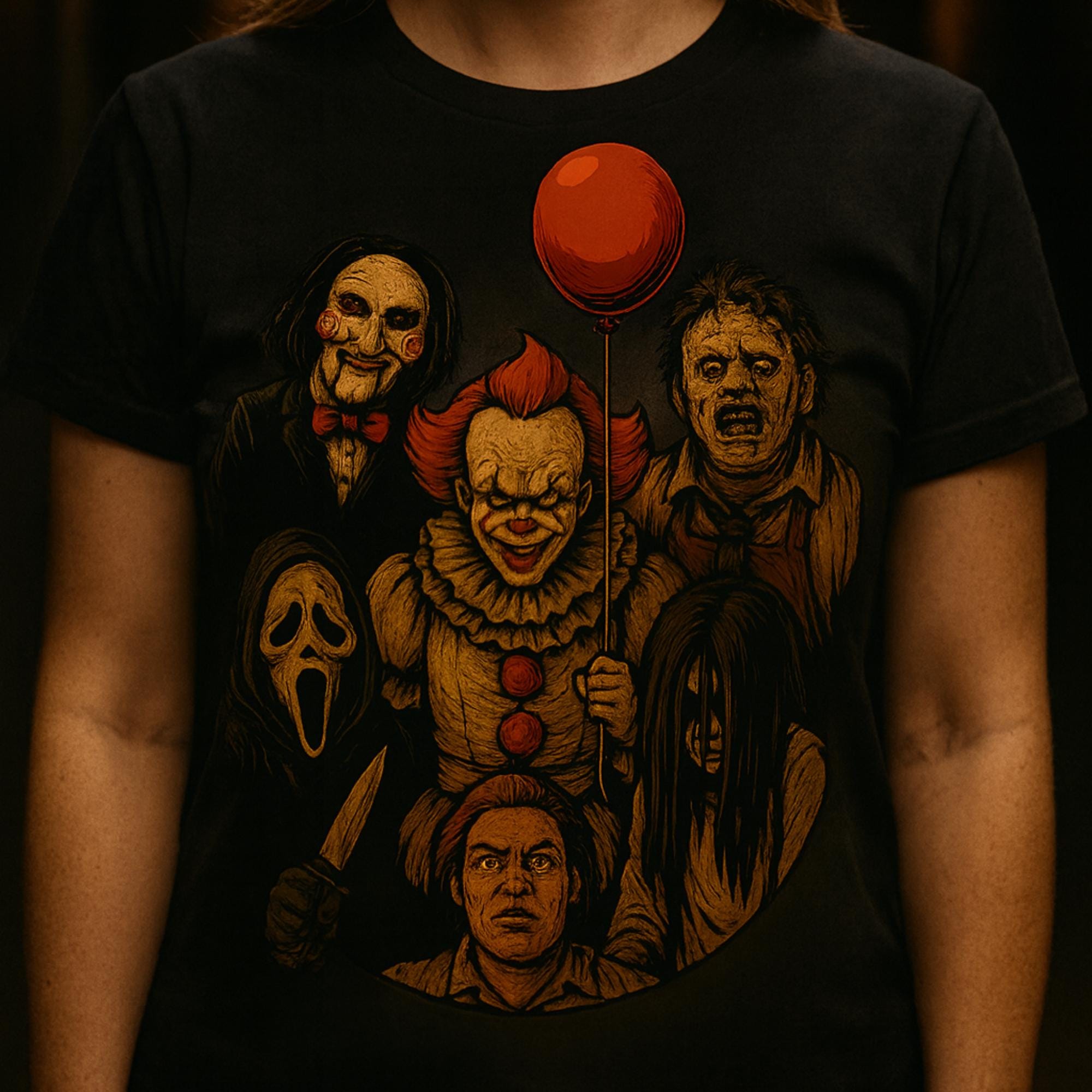 Step into the world of horror with this Horror Icons Circle T-Shirt De...