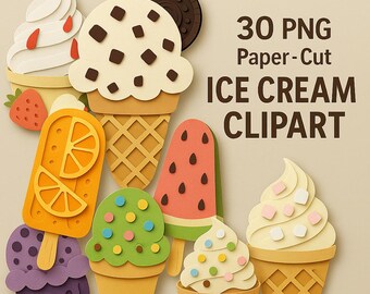 30 Ice Cream Clipart Set | Paper Cut Stickers (png, svg, jpeg, pdf)