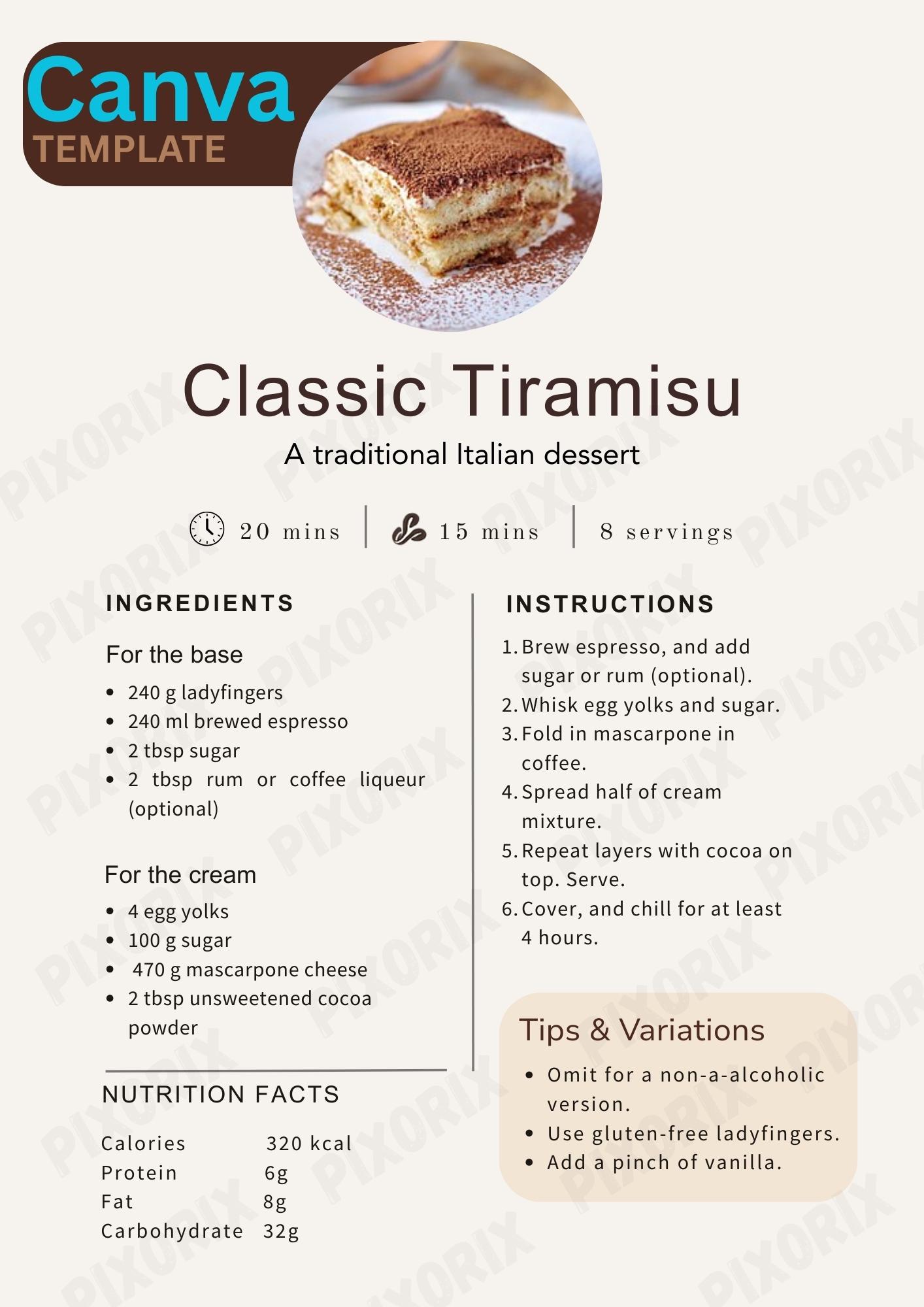 Classic Tiramisu Recipe Page – Canva Editable Template, Printable Digi...