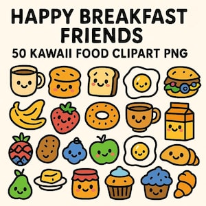 Amici della colazione - 50 Clipart di cibo kawaii PNG / Personaggi carini della colazione per adesivi, agende e sublimazione