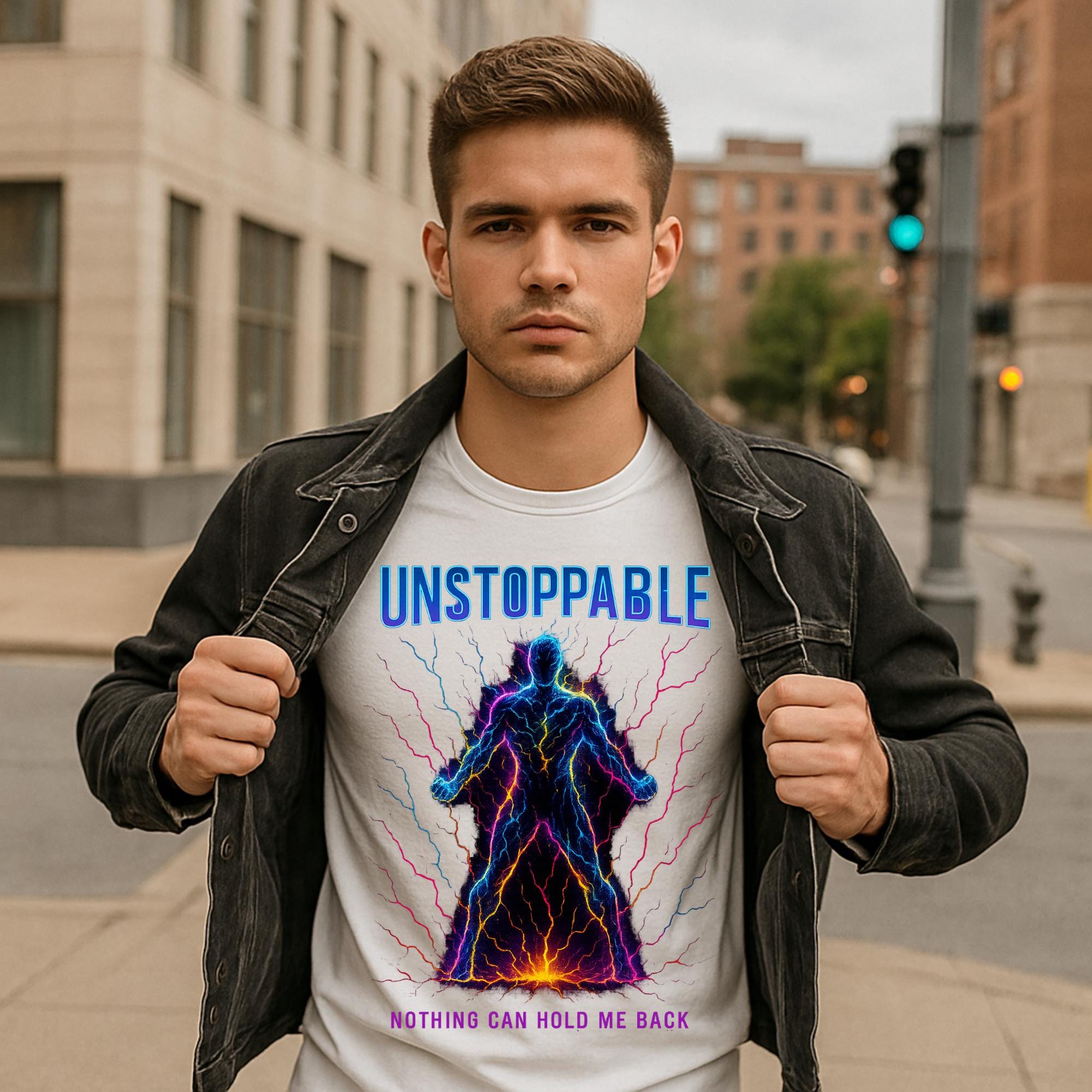 💥 UNSTOPPABLE — Bold Neon Lightning T-Shirt Print

Make a powerful sta...