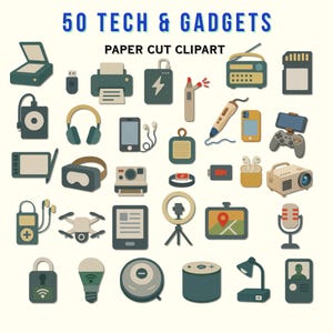 May include: Illustration of 50 tech and gadget icons in a paper cut style. Includes a printer, headphones, smartphone, camera, smartwatch, drone, tablet, ring light, GPS, microphone, and more. Text at the top reads "50 TECH & GADGETS PAPER CUT CLIPART."