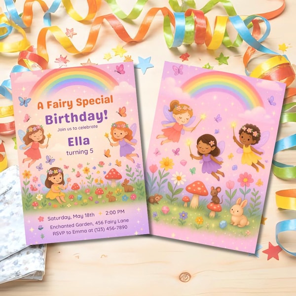 Printable 5x7 Editable Invite – Rainbow & Fairies Theme – Digital Party Invitation for 5th Birthday