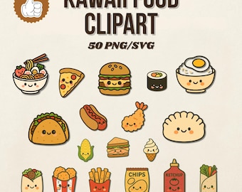 50 Kawaii Food Clipart Stickers – PNG/SVG Digital Download