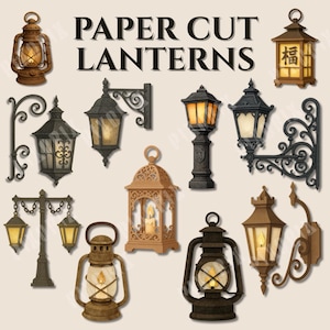 May include: A collection of paper cut lanterns in various styles, including wall-mounted, post, and hanging designs. The lanterns are in shades of brown, black, and gold, with illuminated interiors. The text "PAPER CUT LANTERNS" is displayed at the top.