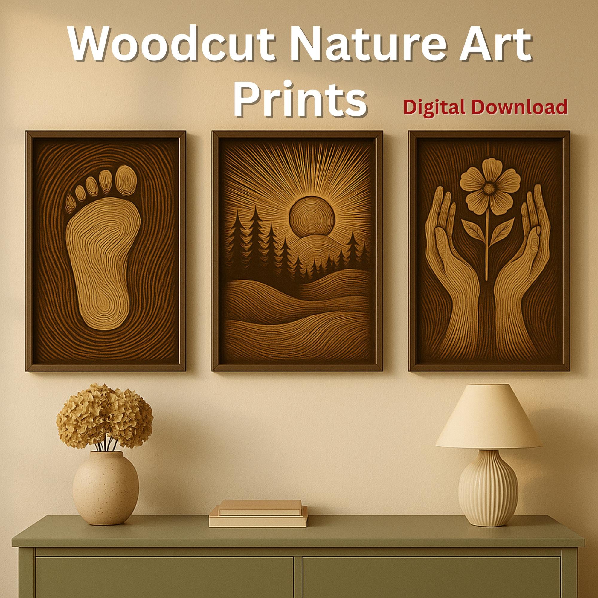 Woodcut Nature Art Prints – Footprint, Forest Sunset & Hands with Flow...