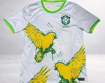 Brazil Canary Bird Soccer Jersey White Yellow | Artistic Football Shirt Unisex | Summer Festival Streetwear Gift for Fans