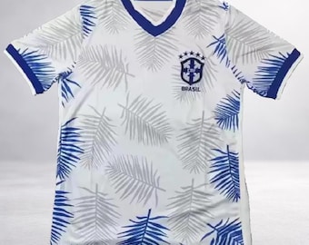 Speciale editie Brazilië-shirt met blauw bladmotief, voor kinderen en volwassenen, stijlvol, gelimiteerde oplage.
