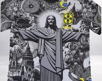 Maillot en édition spéciale orné de la statue de Jésus en noir, avec le logo du Brésil, disponible en tailles enfant et adulte, respirant, édition limitée.