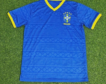 Brazil Inspired Blue Football Jersey | Retro Soccer Shirt Yellow Trim | Unisex Football Kit for Adults & Kids