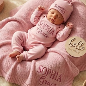 Peut inclure: Un nouveau-né vêtu d'un ensemble et d'un bonnet roses, allongé sur une couverture rose. La couverture et le bonnet sont brodés du nom "Sophia". Un panneau en bois avec "hello world" est à côté du bébé. Des paniers avec des articles pour bébés sont en arrière-plan.
