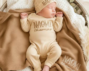Set di abiti personalizzati per neonati con coperta in maglia di cotone, set di tutine per neonati con cappello abbinato, set di body per neonati, regalo per baby shower.