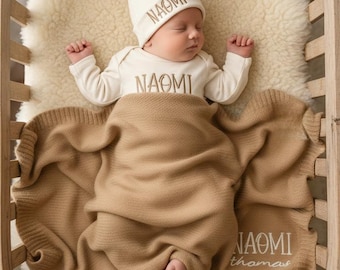 Personalized Baby Outfit Set with Cotton Knit Blanket, Baby Romper Set with Matching Hat, Baby Bodysuit Set Newborn Gift Baby Shower Gift