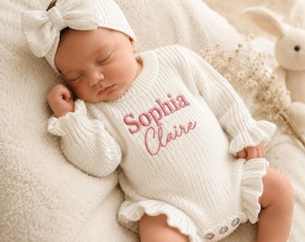 Personalized Baby Girl Knit Romper Set with Bow Headband, Custom Name Newborn Coming Home Outfit, Embroidered Baby Shower Gift