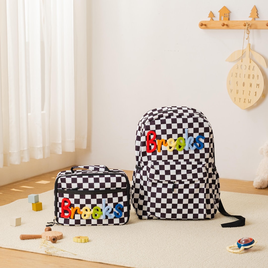 Checkered Backpack & Lunch Bag Set, Custom Name School Bags, Toddler ...