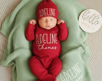 Babyoutfitset met katoenen gebreide deken, gepersonaliseerde neutrale babyromper en mutsje, aangepaste coming home-outfit babyshower babyshower