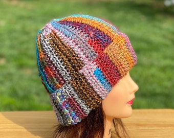 Soft Scrappy Beanie, Hand Tied Remnant Beanie, One Of A Kind Hat