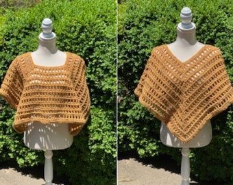 Gold Slightly Cropped Poncho, Swimsuit Cover,Boots and Jeans Poncho