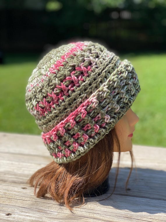 Crochet 2 in 1 Hat, Green Pink and White Slouchy or Beanie  display picture 2