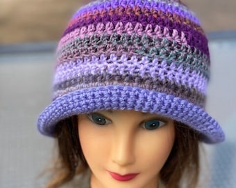 Crochet Remnant Bucket Hat, Funky Colorful Scrap Brimmed Hat, Rolled Brim Hat
