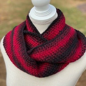 Wool Blend Red and Black Crocheted Cowl,Crochet Infinity Scarf,Long Infinity Scarf