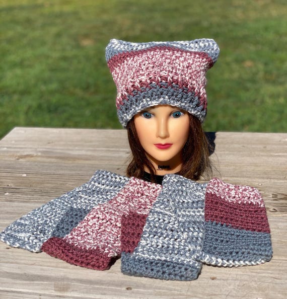 Square Beanie Set, Cat Ear Hat and Scarf Set, Wool Mix Scarf  display picture 3